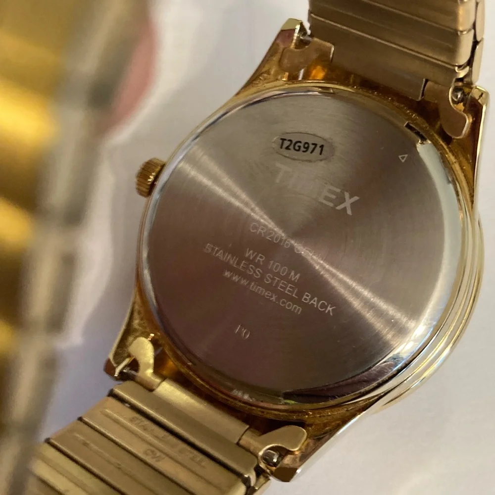 Timex gold tone Perpetual Calendar watch, stretch bracelet, new battery, indiglo
